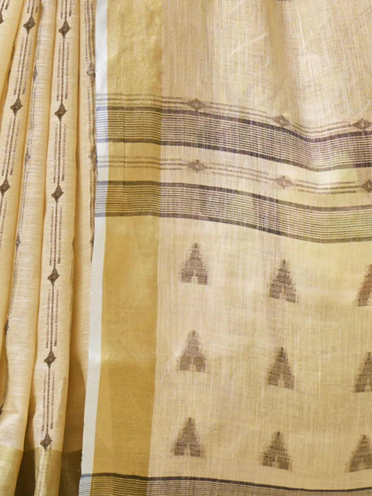 Odette Beige Woven Saree With Unstitched Blouse For Women