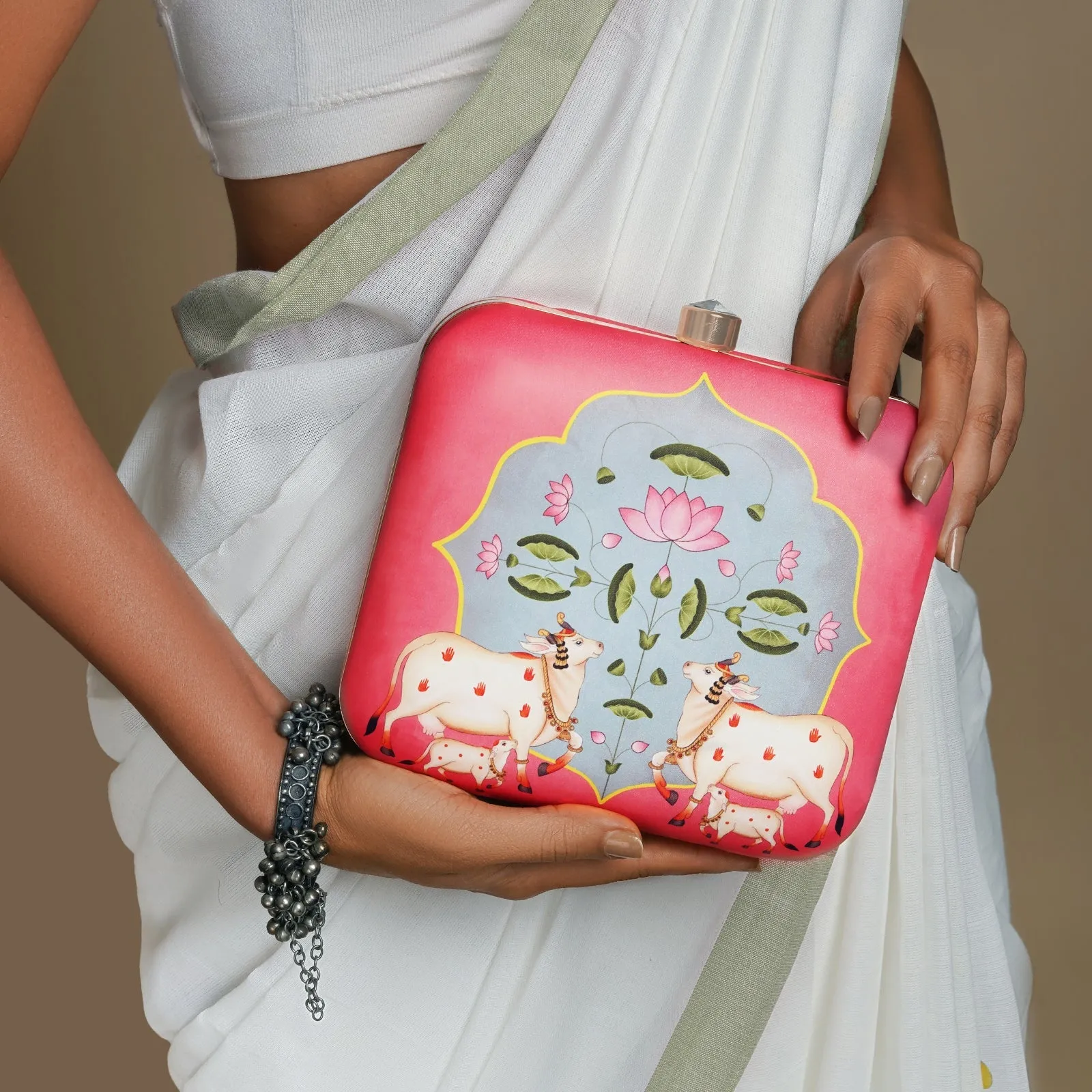 Pichwai Pop-Up Pink Stone and Printed Clutch