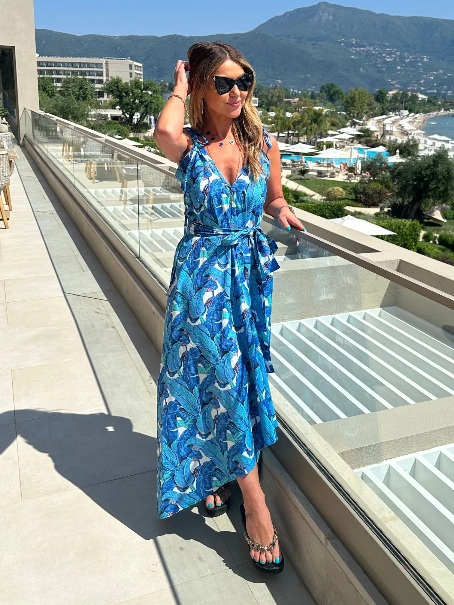 "BEACH TO BAR" DRESS IN BLUE BANANA LEAF