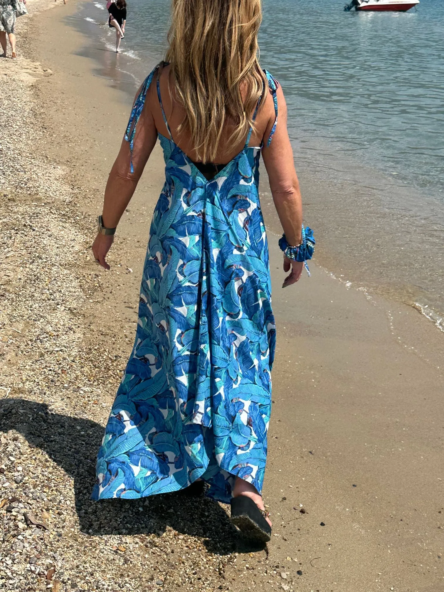 "BEACH TO BAR" DRESS IN BLUE BANANA LEAF