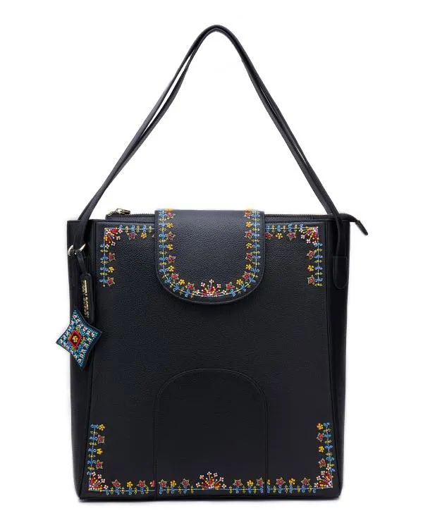 The Flappie Tote Leather : Black (With Beads Embroidery)