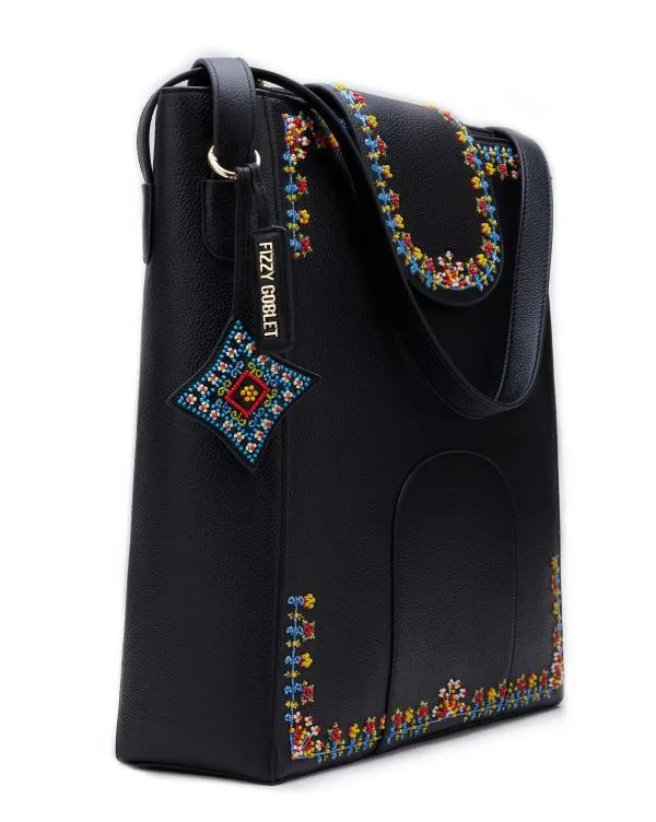 The Flappie Tote Leather : Black (With Beads Embroidery)