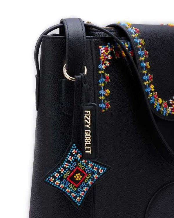 The Flappie Tote Leather : Black (With Beads Embroidery)