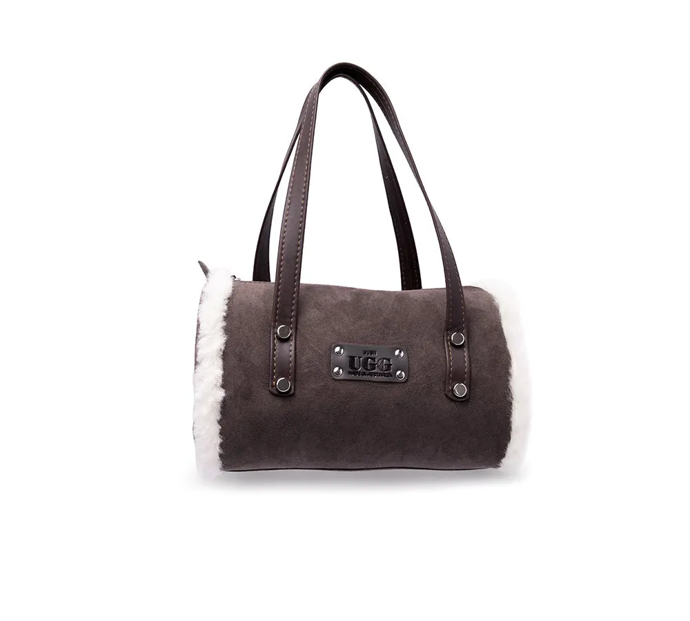 Women Sheepskin Wool Medium Hand Carry Shoulder Strap Zip Barrel Bag