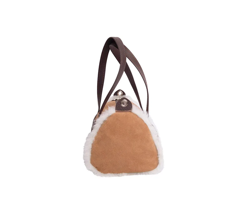 Women Sheepskin Wool Medium Hand Carry Shoulder Strap Zip Barrel Bag