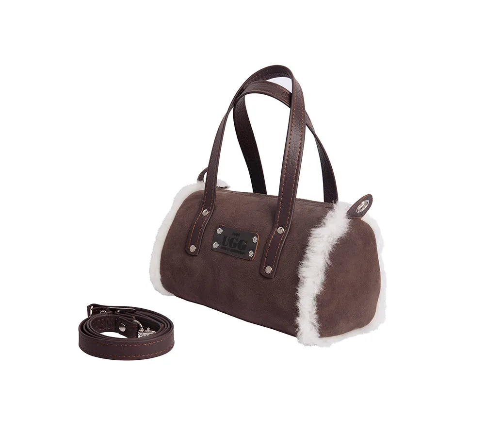 Women Sheepskin Wool Medium Hand Carry Shoulder Strap Zip Barrel Bag